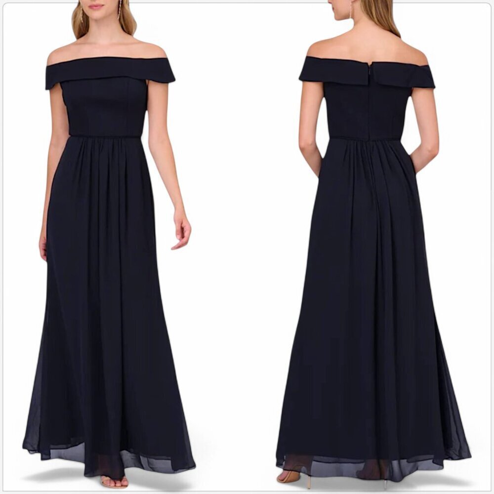 Adrianna Papell Off-Shoulder Navy Maxi Dress